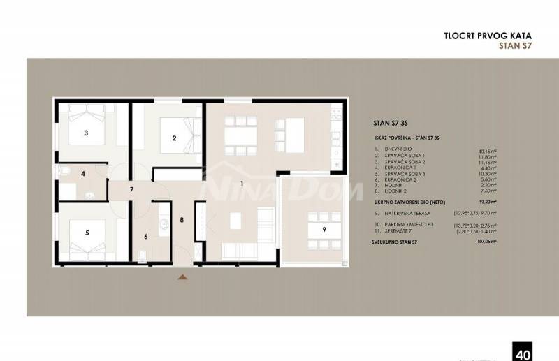 Apartmán v prvním patře, tři ložnice, v blízkosti moře a pláže S7 - 3
